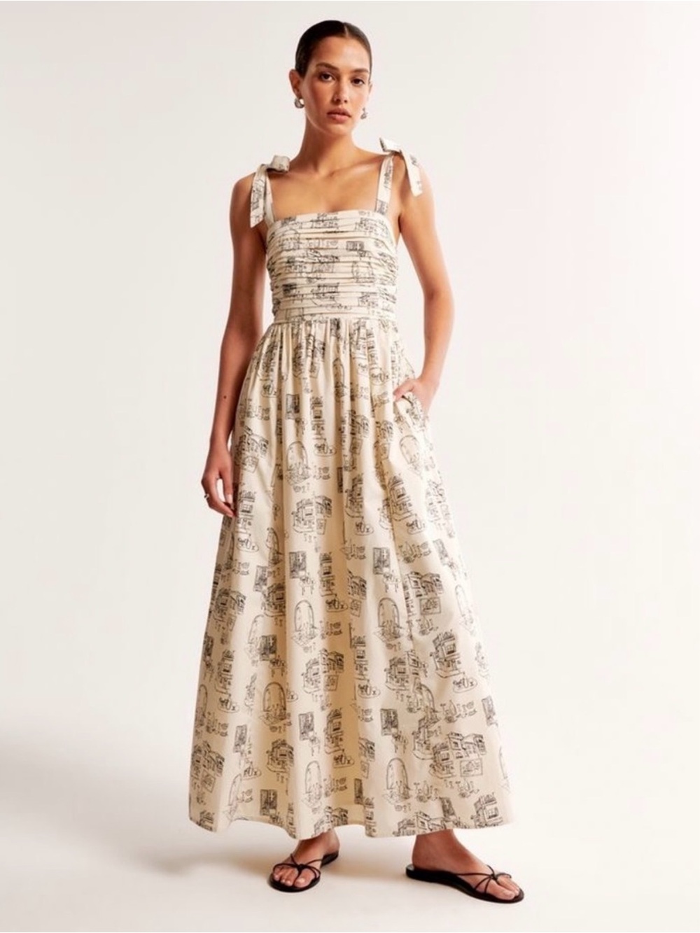Abercrombie & Fitch Cream Maxi Dress with Black Architectural Print